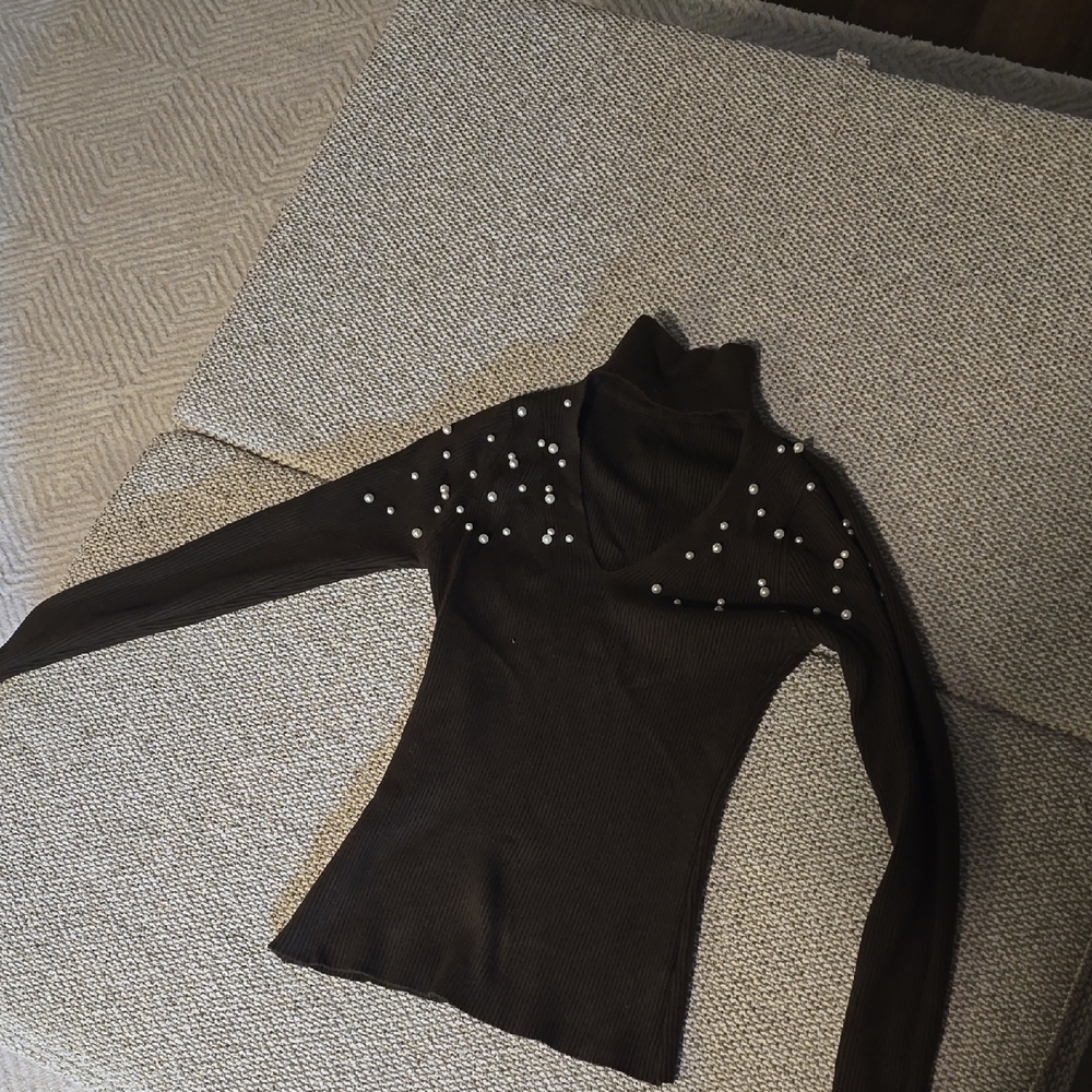 Elegant Brown Turtleneck Sweater with Pearl Accents